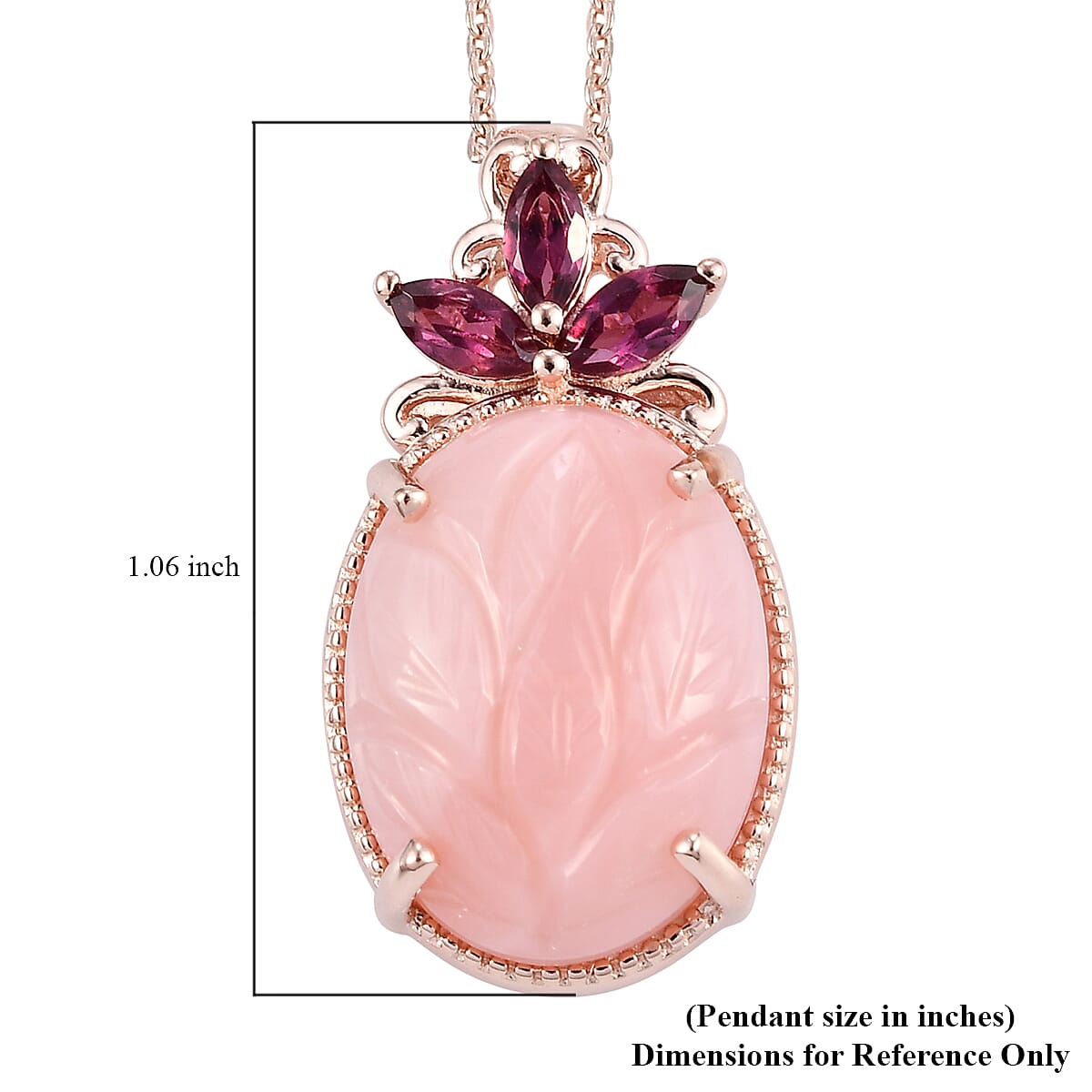 Peruvian Pink Opal Carved and Orissa Rhodolite Garnet Solitaire Pendant Necklace 20 Inches in Vermeil Rose Gold Over Sterling Silver 7.90 ctw