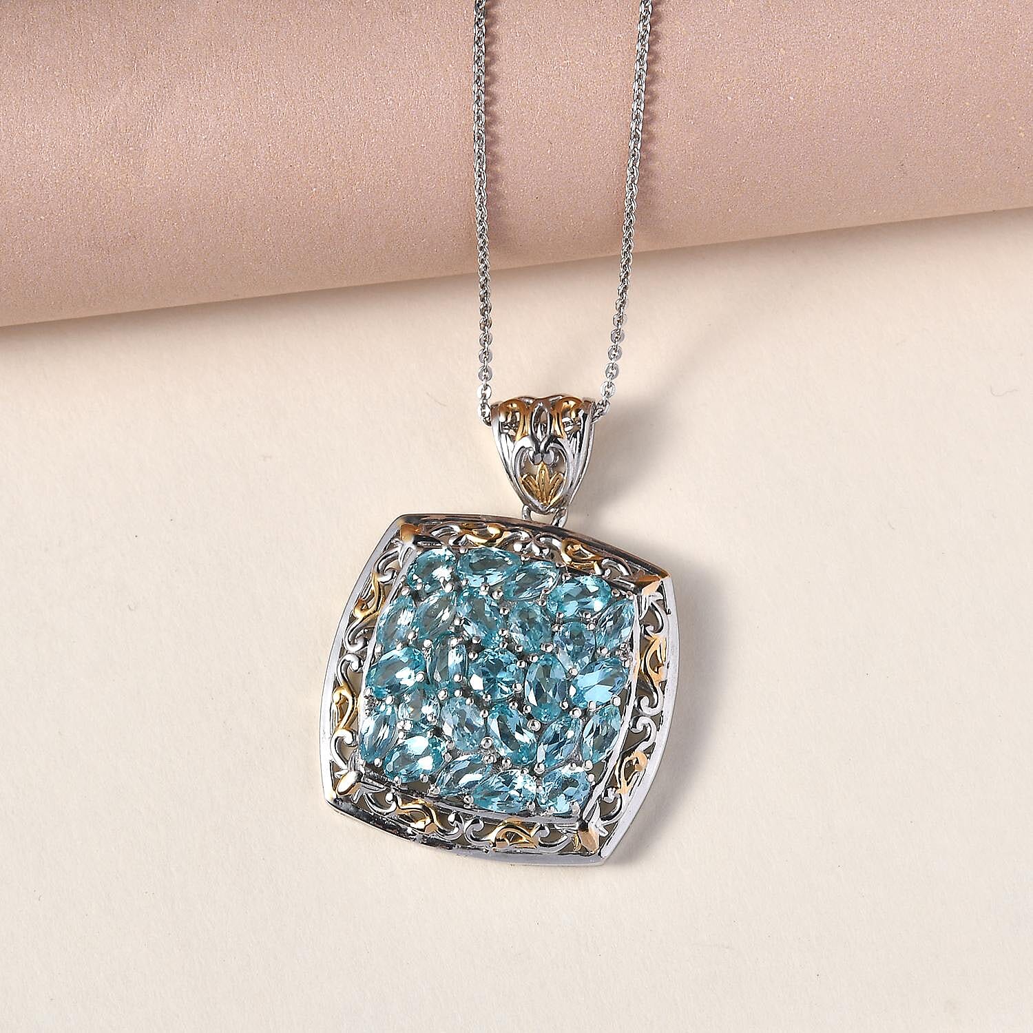 Madagascar Paraiba Apatite and White Zircon Pendant Necklace 20In in Vermeil YG & Platinum Over Sterling Silver 8.60g 4.85 ctw