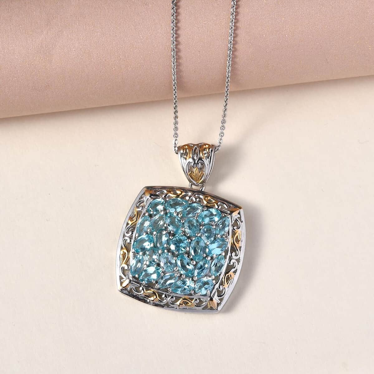 Madagascar Paraiba Apatite and White Zircon Pendant Necklace 20In in Vermeil YG & Platinum Over Sterling Silver 8.60g 4.85 ctw image number 1