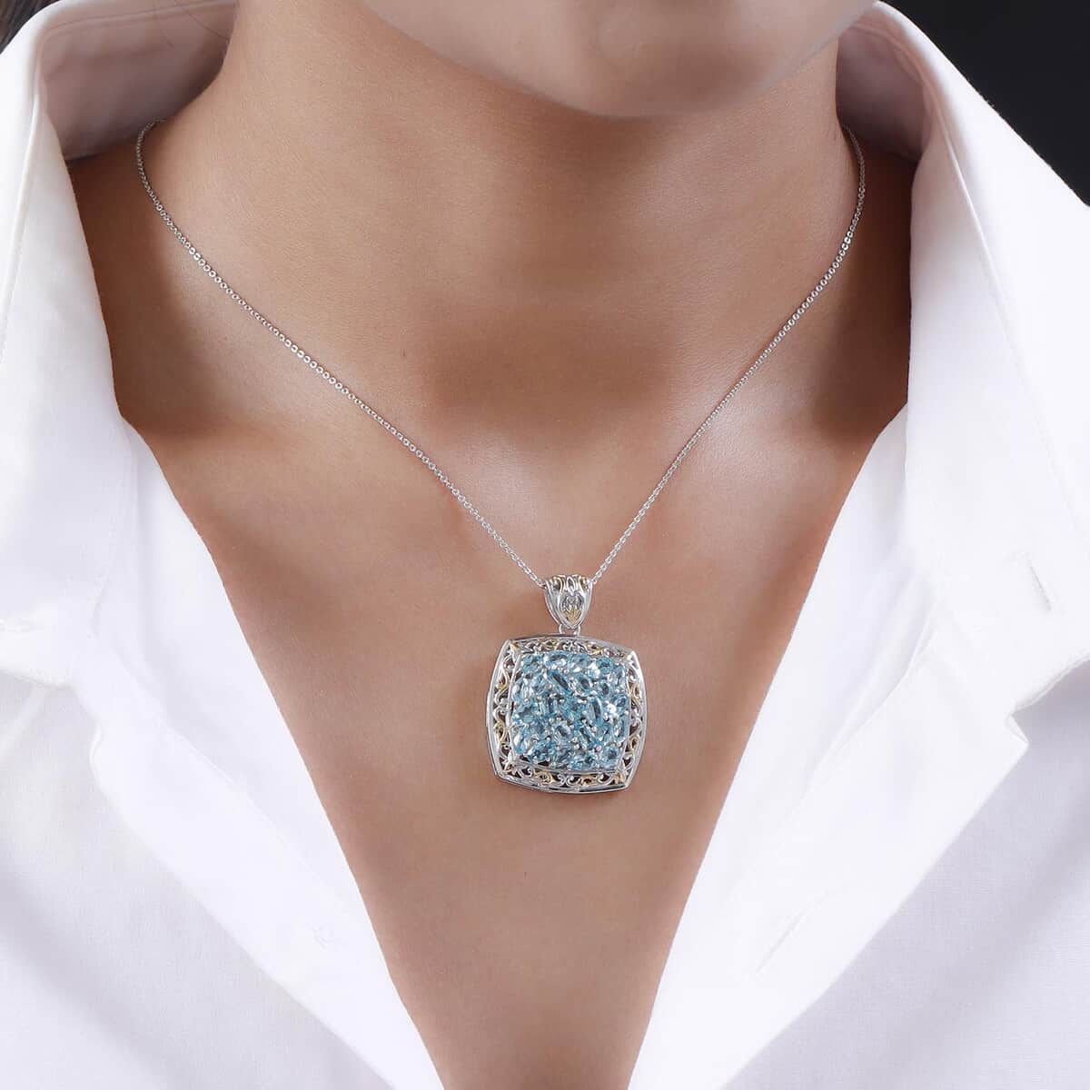 Madagascar Paraiba Apatite and White Zircon Pendant Necklace 20In in Vermeil YG & Platinum Over Sterling Silver 8.60g 4.85 ctw image number 2