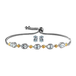 Karis Sky Blue Topaz Solitaire Stud Earrings and Bolo Bracelet in 18K YG Plated, Platinum Bond and Stainless Steel 3.75 ctw
