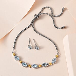 Karis Sky Blue Topaz Solitaire Stud Earrings and Bolo Bracelet in 18K YG Plated, Platinum Bond and Stainless Steel 3.75 ctw