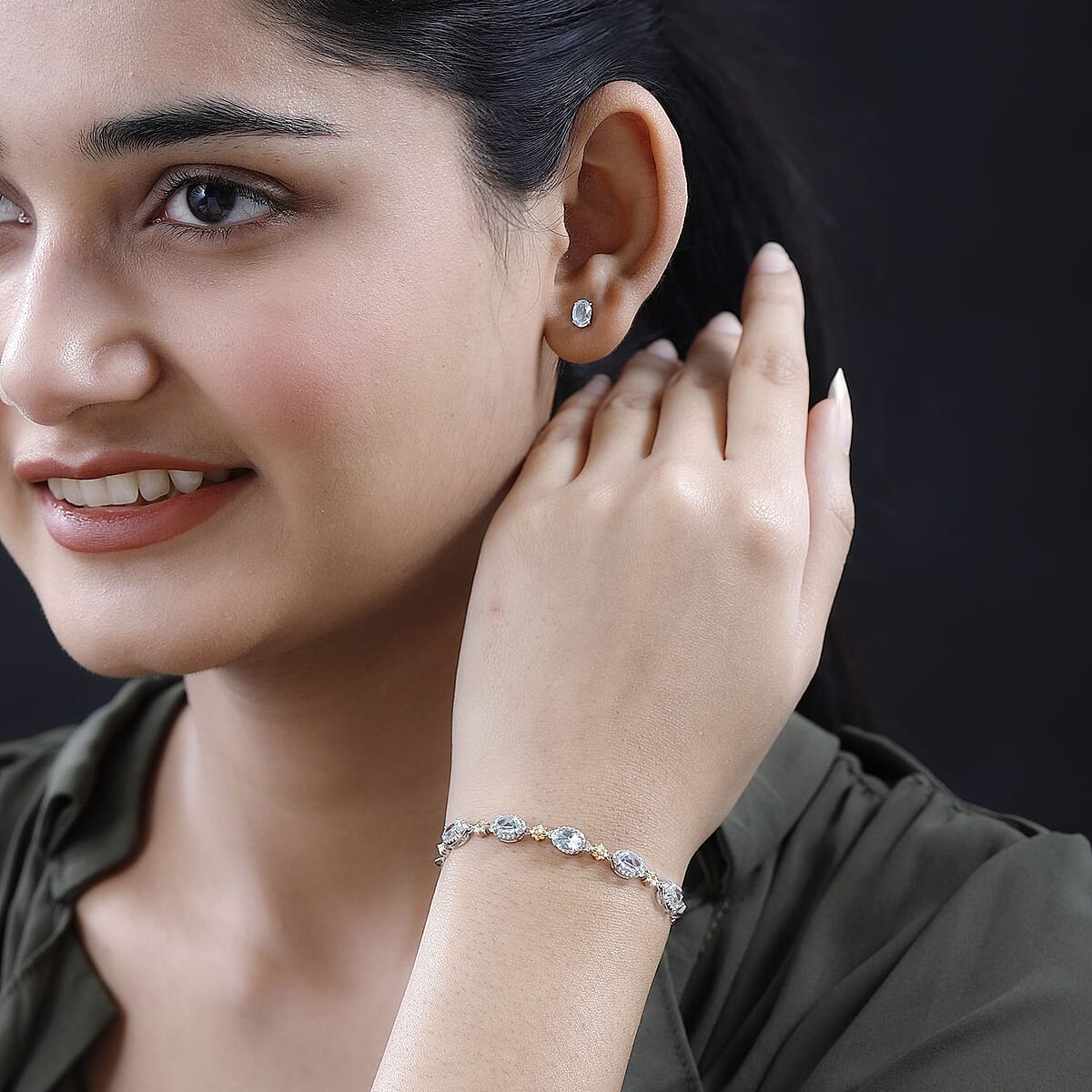 Karis Sky Blue Topaz Solitaire Stud Earrings and Bolo Bracelet in 18K YG Plated, Platinum Bond and Stainless Steel 3.75 ctw image number 2