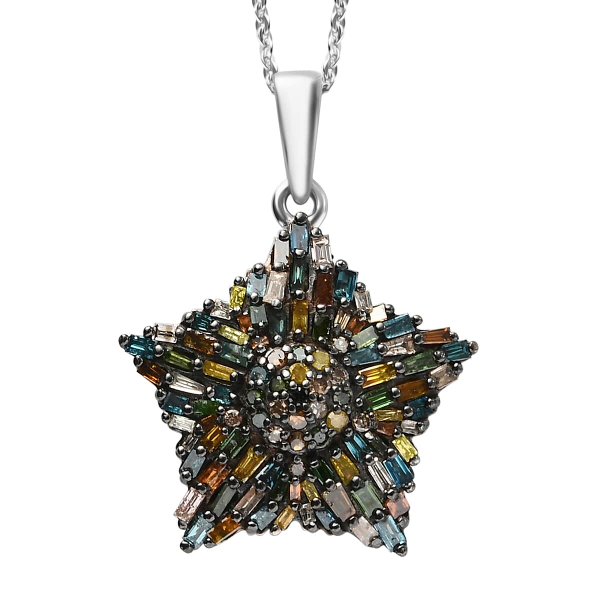 Multi Diamond Star Pendant Necklace 20 Inches in Rhodium and Platinum Over Sterling Silver 1.00 ctw image number 0