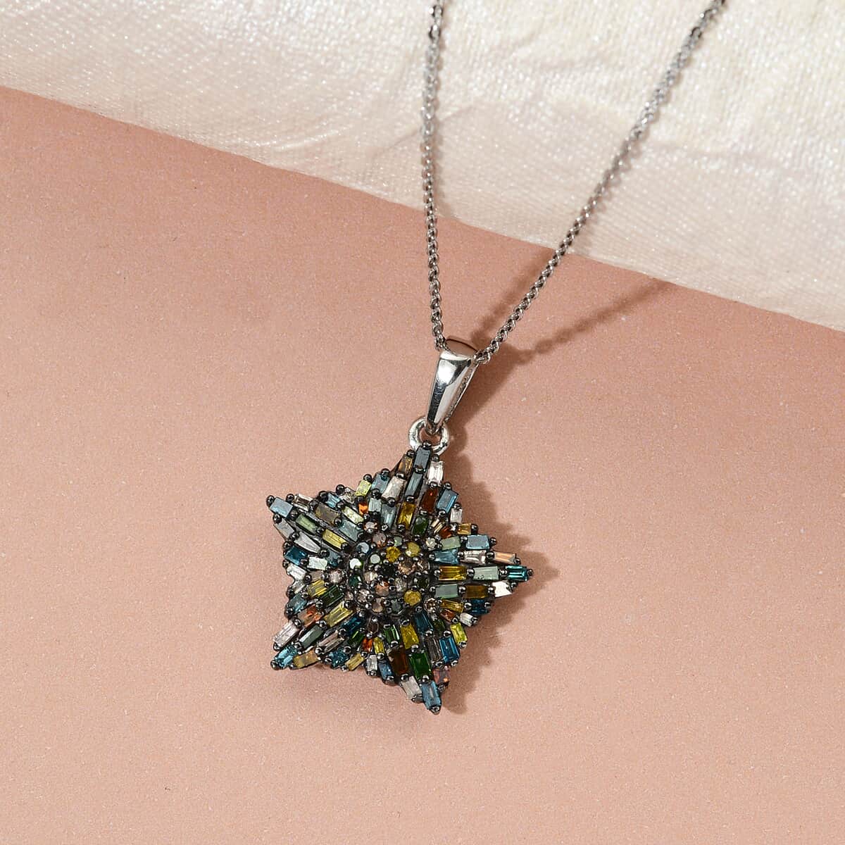 Multi Diamond Star Pendant Necklace 20 Inches in Rhodium and Platinum Over Sterling Silver 1.00 ctw image number 1