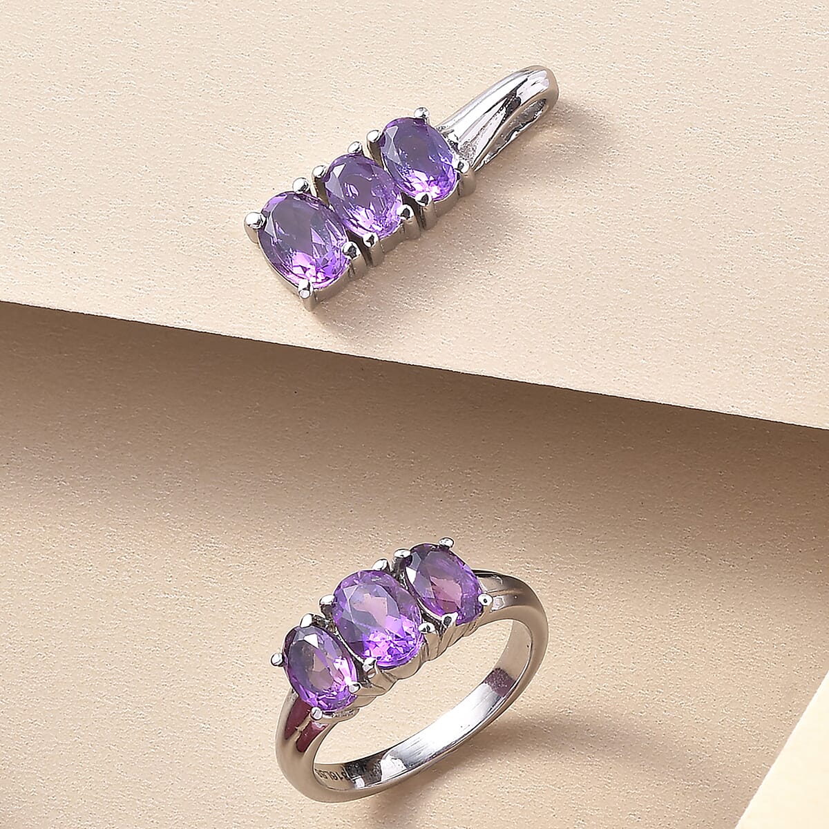 Mashamba Amethyst 3 Stone Ring (Size 9.0) and Pendant in Stainless Steel 3.25 ctw image number 1