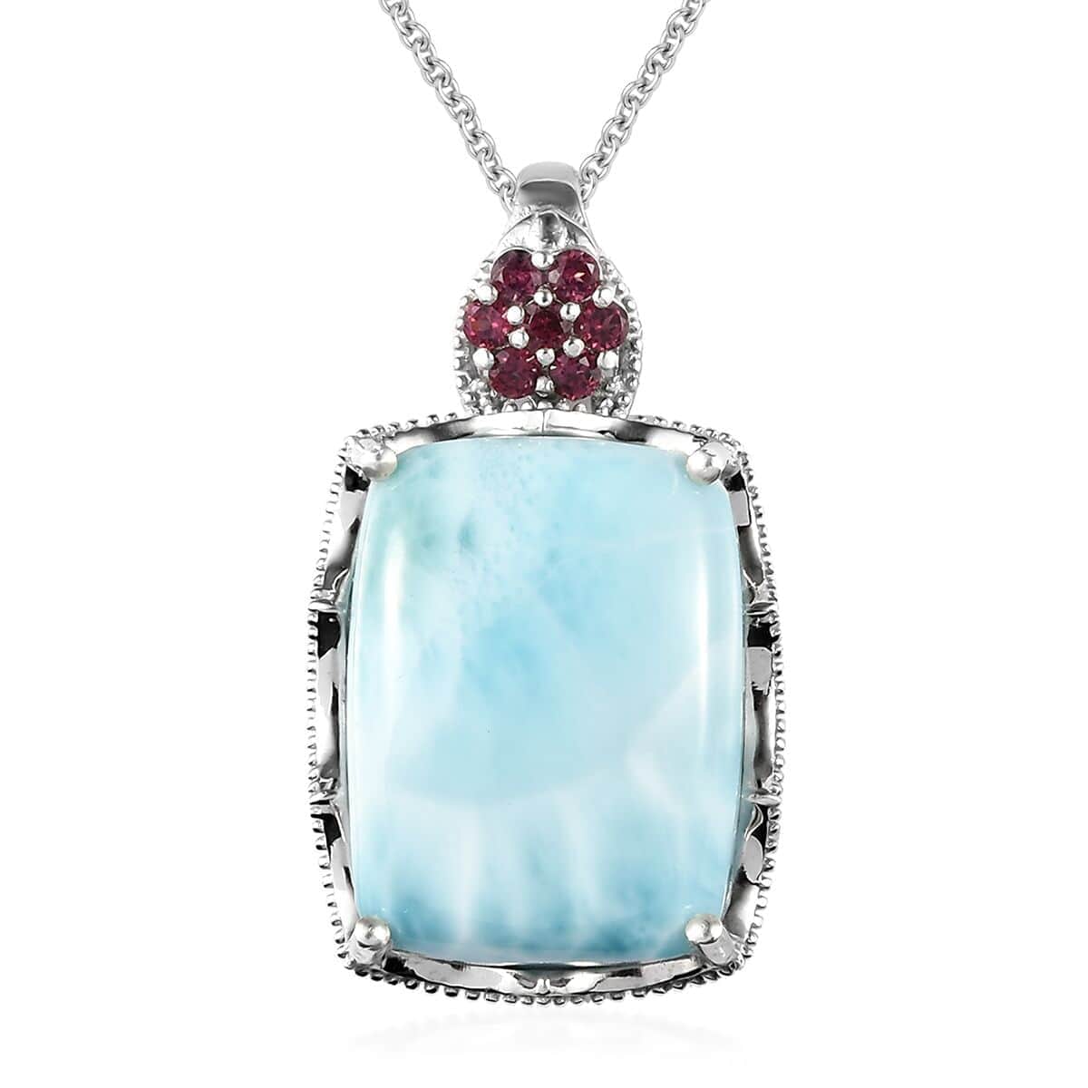 Larimar and Orissa Rhodolite Garnet Pendant Necklace (20 Inches) in Platinum Over Sterling Silver 21.50 ctw image number 0