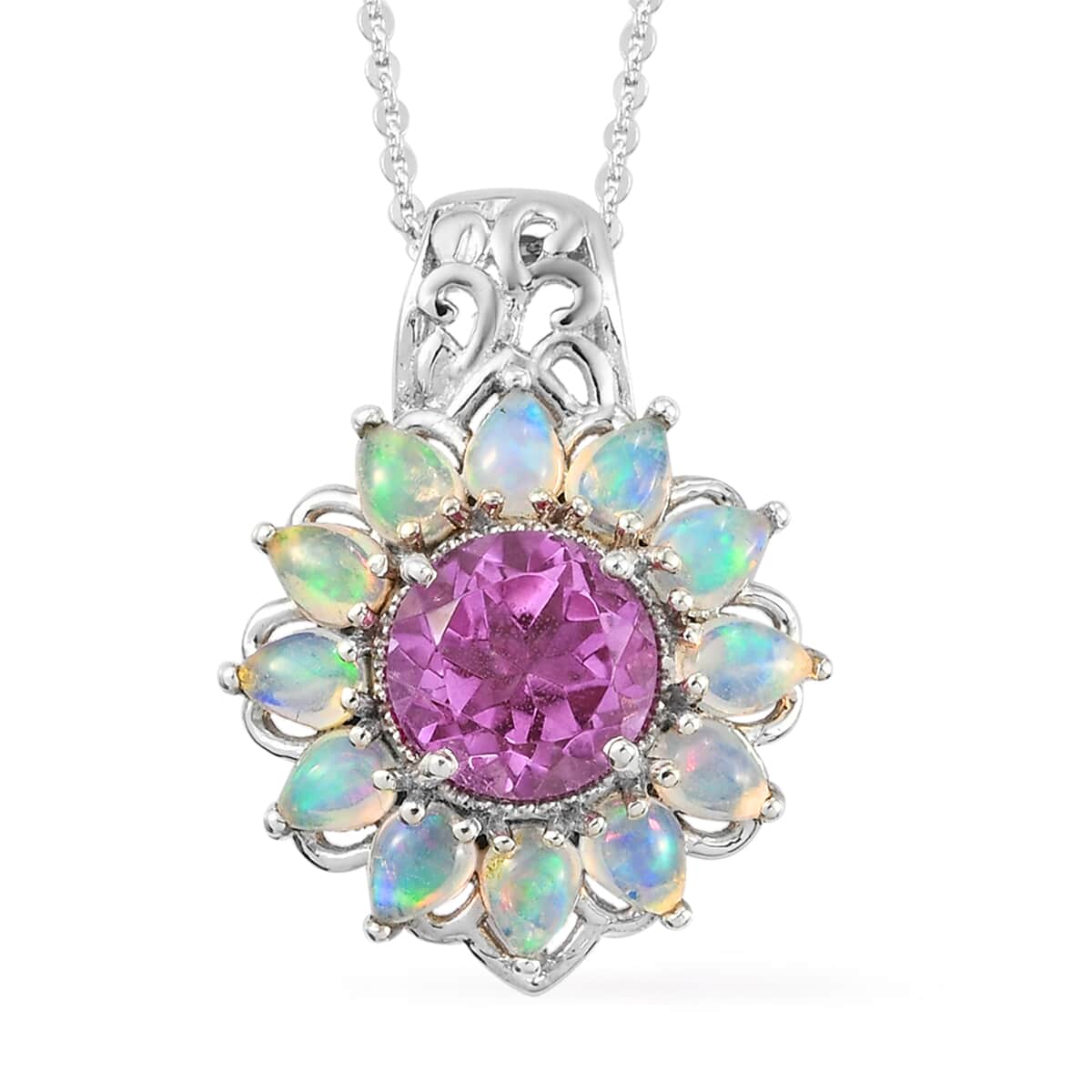 Patroke Quartz and Ethiopian Welo Opal Floral Pendant Necklace 20 Inches in Platinum Over Sterling Silver 3.50 ctw image number 0