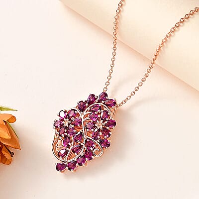 Orissa Rhodolite Garnet Floral Pendant Necklace 20 Inches in Vermeil Rose Gold Over Sterling Silver 6.90 ctw