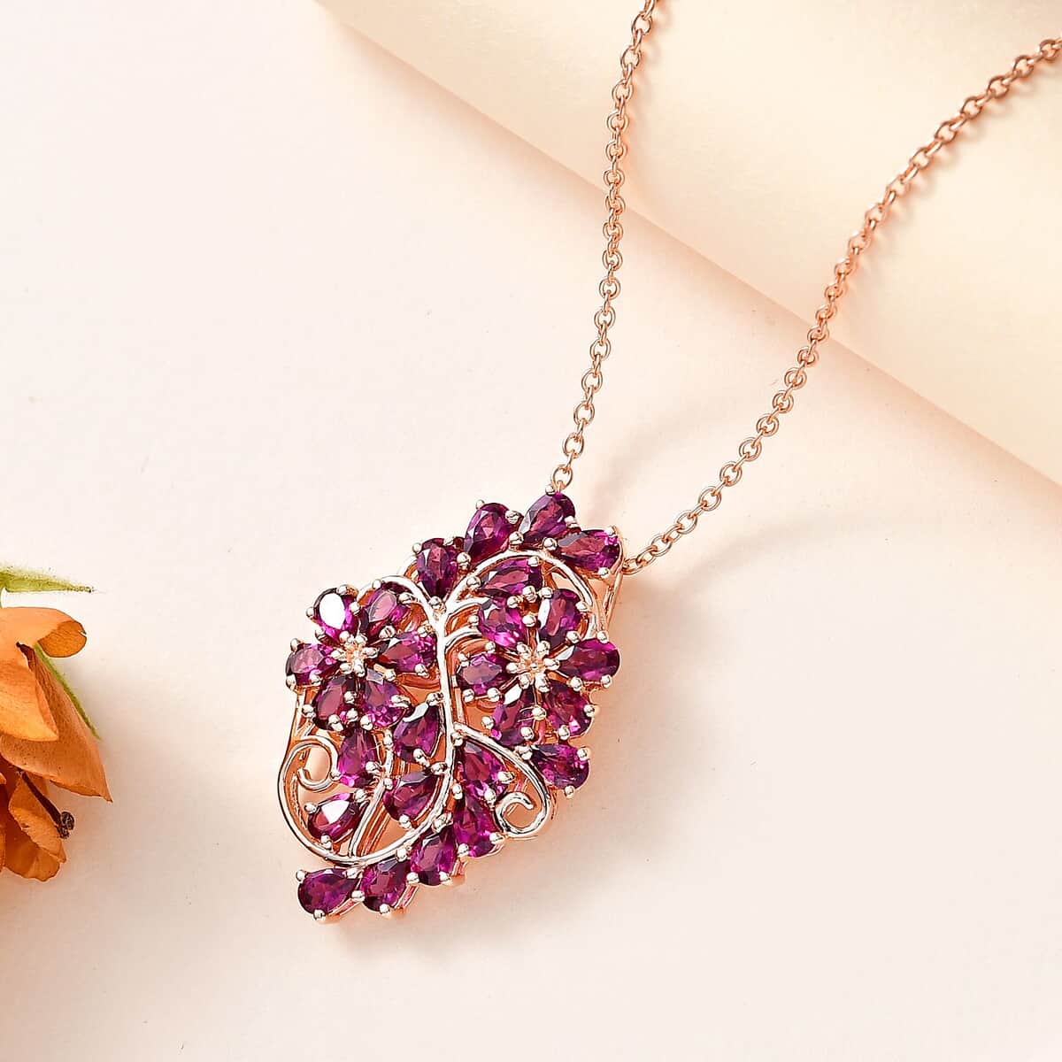 Orissa Rhodolite Garnet Floral Pendant Necklace 20 Inches in Vermeil Rose Gold Over Sterling Silver 6.90 ctw image number 1