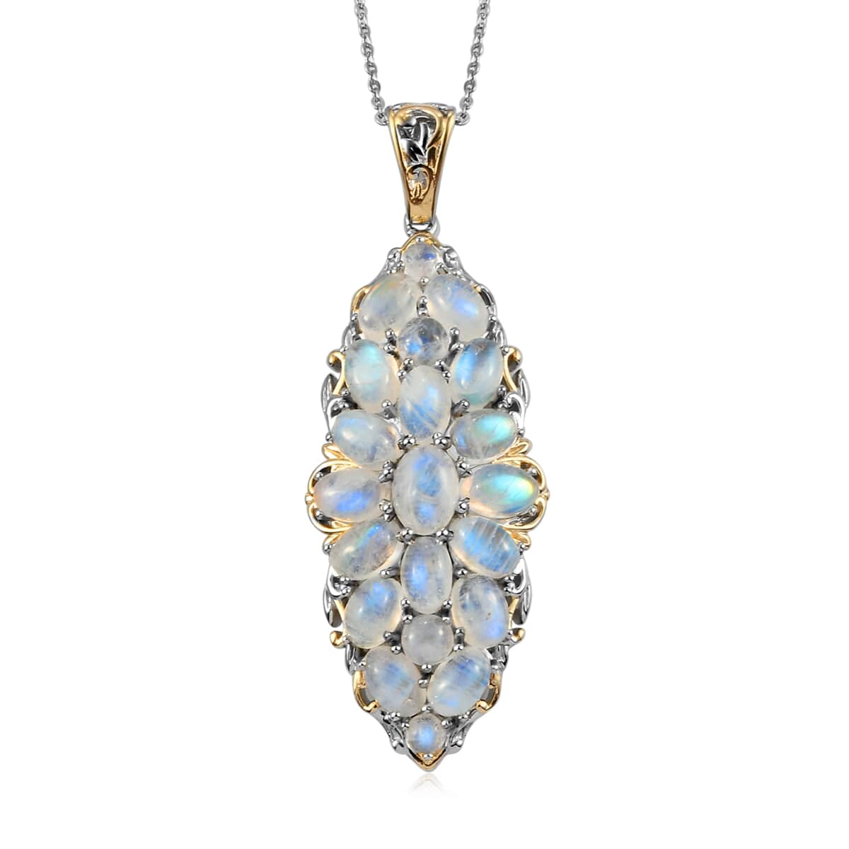 Kuisa Rainbow Moonstone Elongated Pendant Necklace 20 Inches in Vermeil Yellow Gold and Platinum Over Sterling Silver 11.50 ctw image number 0