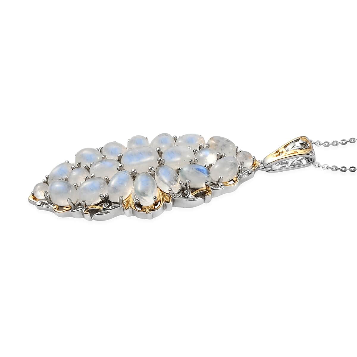 Kuisa Rainbow Moonstone Elongated Pendant Necklace 20 Inches in Vermeil Yellow Gold and Platinum Over Sterling Silver 11.50 ctw image number 3