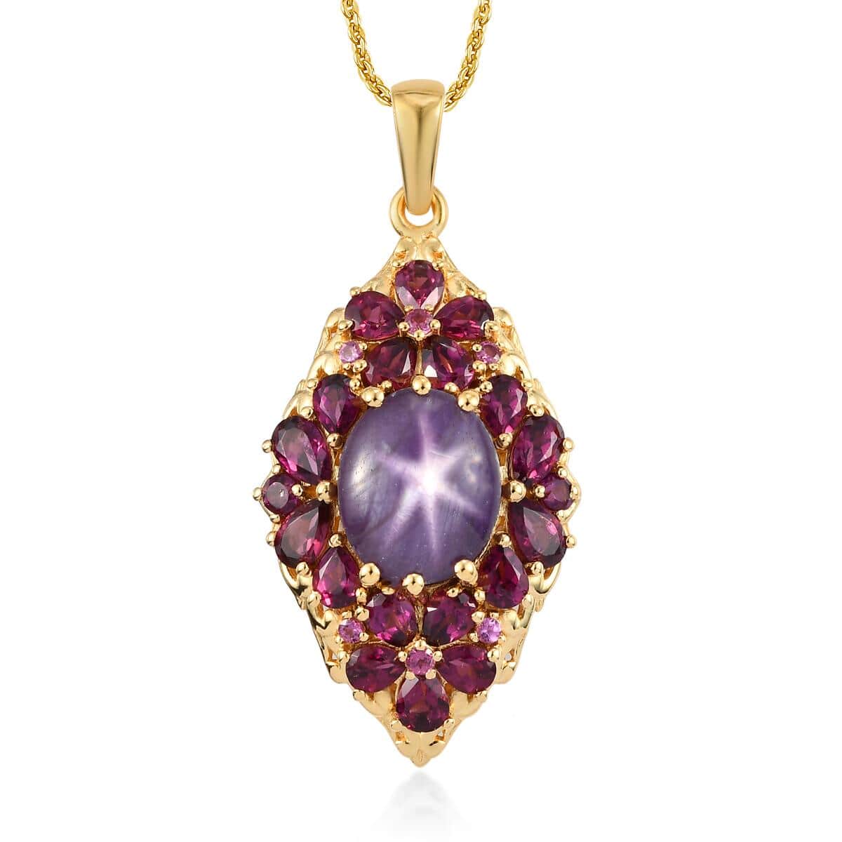 Indian Star Ruby and Orissa Rhodolite Garnet Elongated Pendant Necklace 20 Inches in Vermeil Yellow Gold Over Sterling Silver 12.75 ctw image number 0