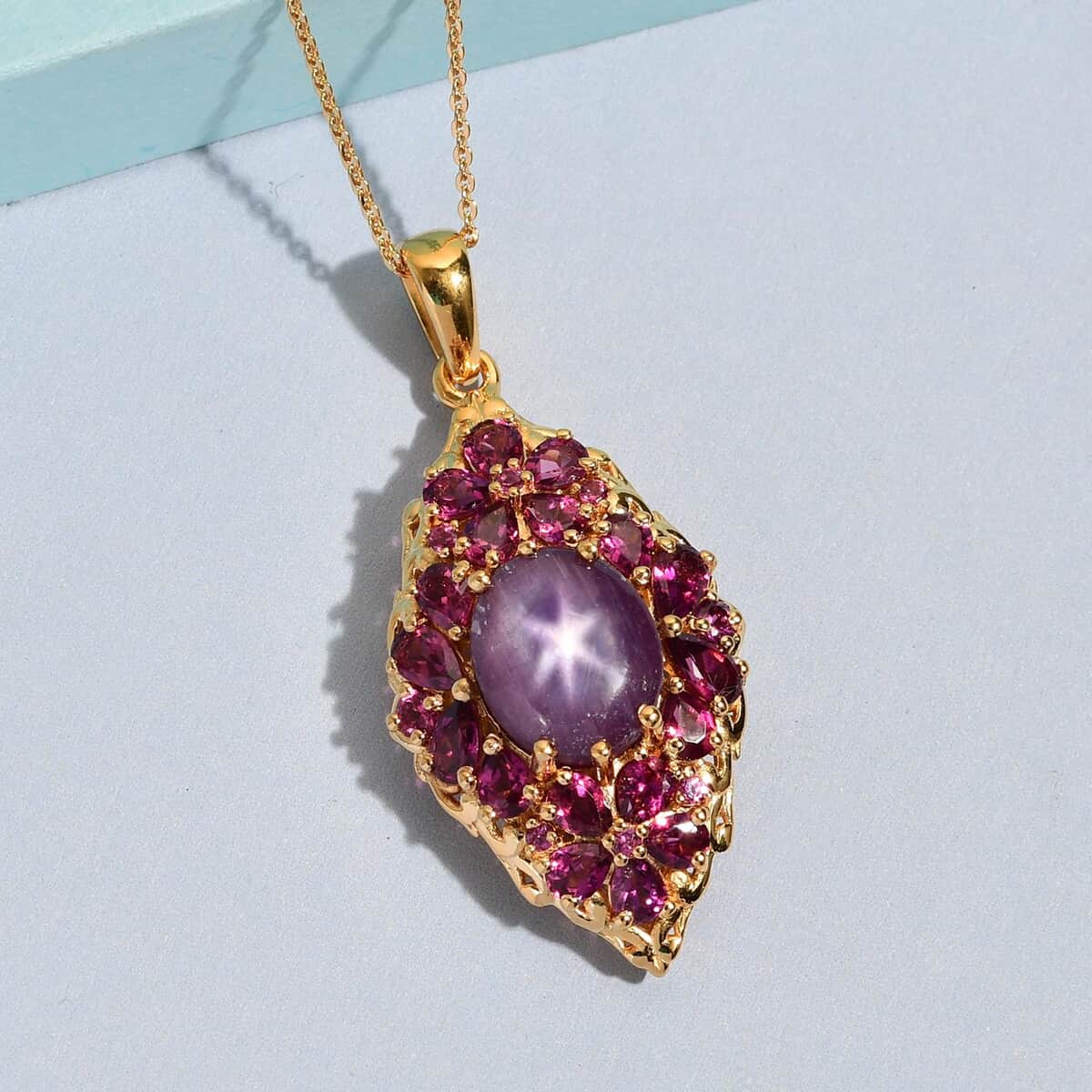 Indian Star Ruby and Orissa Rhodolite Garnet Elongated Pendant Necklace 20 Inches in Vermeil Yellow Gold Over Sterling Silver 12.75 ctw image number 1