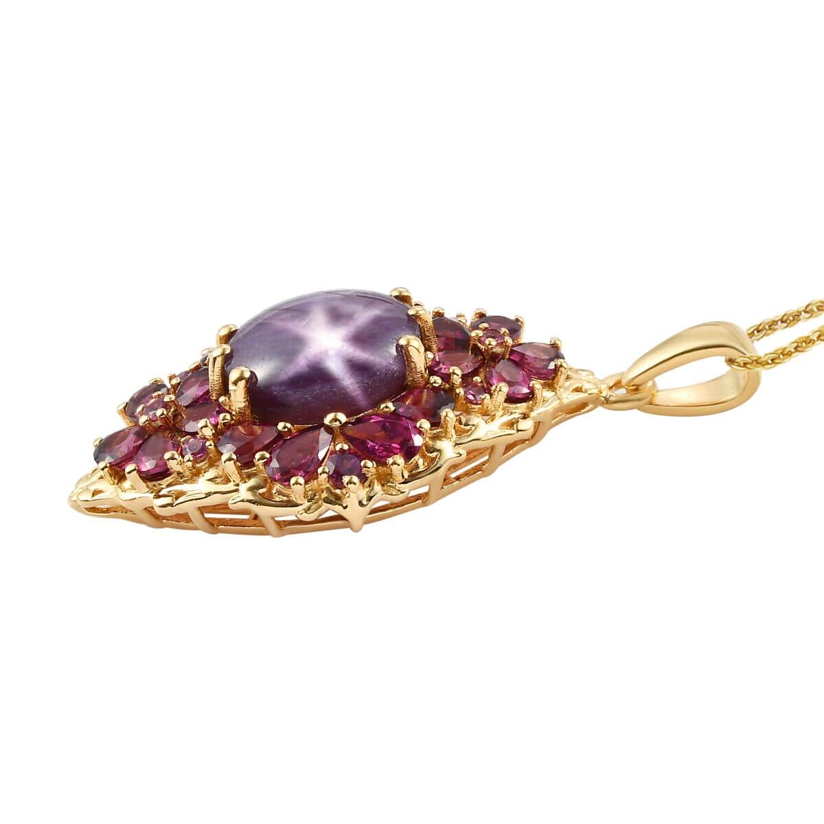 Indian Star Ruby and Orissa Rhodolite Garnet Elongated Pendant Necklace 20 Inches in Vermeil Yellow Gold Over Sterling Silver 12.75 ctw image number 3