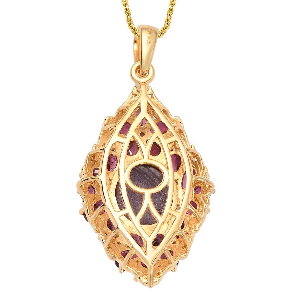 Indian Star Ruby and Orissa Rhodolite Garnet Elongated Pendant Necklace 20 Inches in Vermeil Yellow Gold Over Sterling Silver 12.75 ctw image number 4