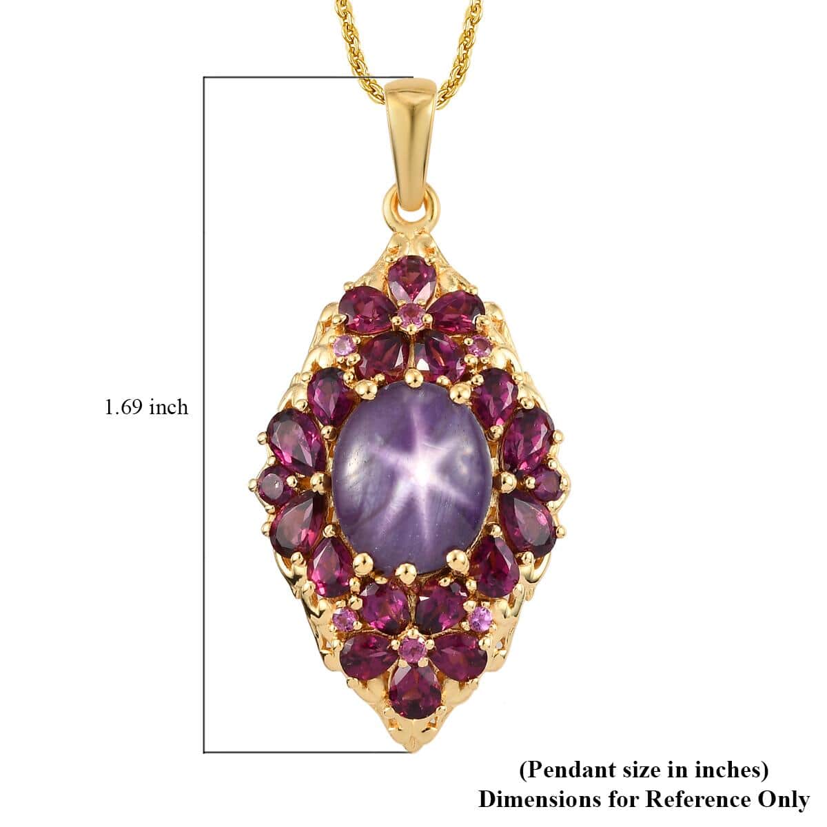 Indian Star Ruby and Orissa Rhodolite Garnet Elongated Pendant Necklace 20 Inches in Vermeil Yellow Gold Over Sterling Silver 12.75 ctw image number 5