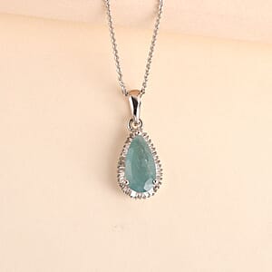 Grandidierite and Diamond Halo Pendant Necklace 20 Inches in Platinum Over Sterling Silver 2.10 ctw