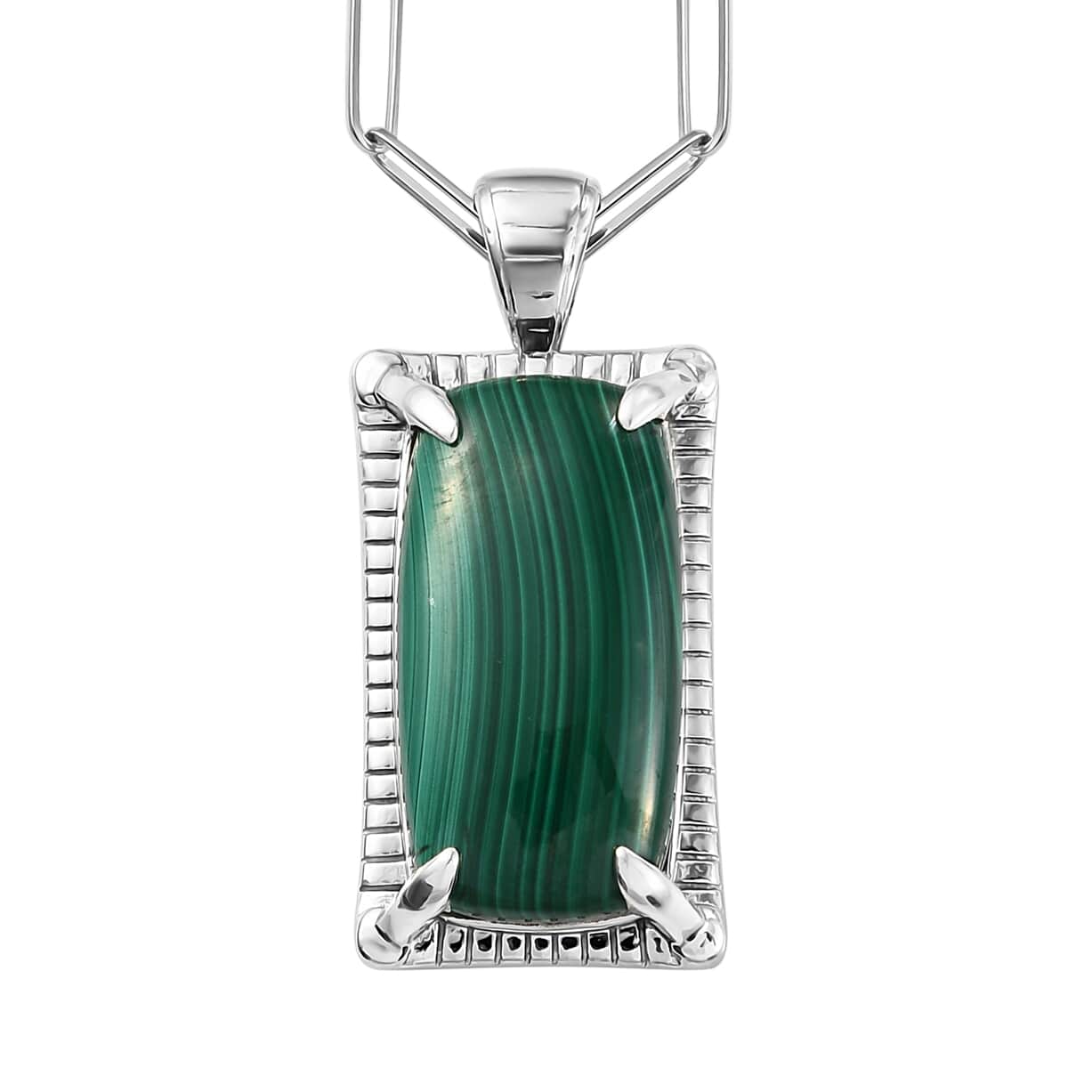 African Malachite Men's Pendant with Paper Clip Chain Necklace 20 Inches in Platinum Over Sterling Silver 35.90 ctw image number 0