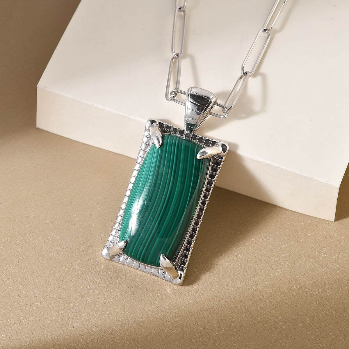 African Malachite Men's Pendant with Paper Clip Chain Necklace 20 Inches in Platinum Over Sterling Silver 35.90 ctw image number 1