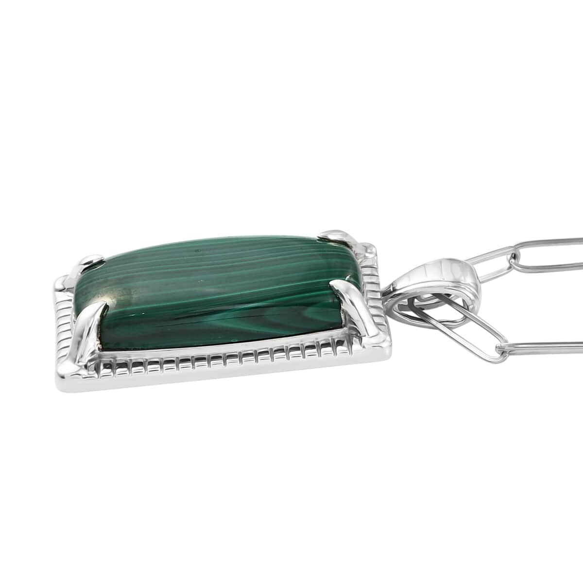 African Malachite Men's Pendant with Paper Clip Chain Necklace 20 Inches in Platinum Over Sterling Silver 35.90 ctw image number 2