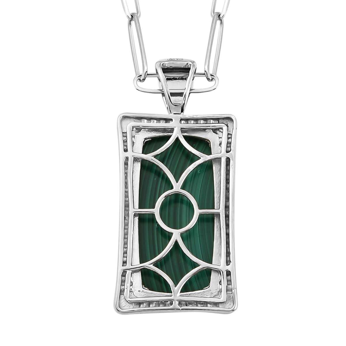 African Malachite Men's Pendant with Paper Clip Chain Necklace 20 Inches in Platinum Over Sterling Silver 35.90 ctw image number 3