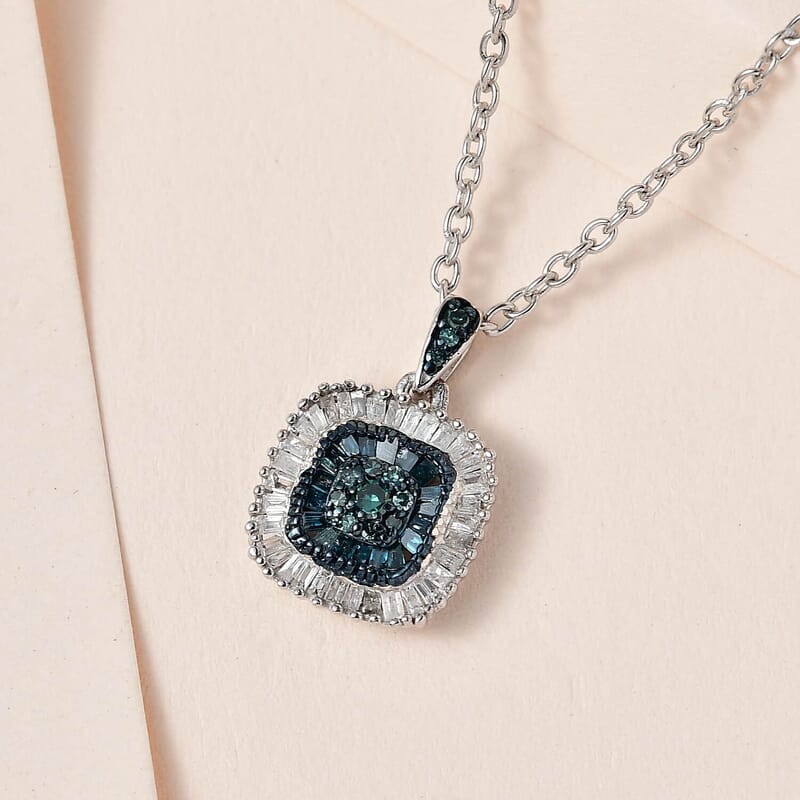 Blue Diamond Cluster Pendant Necklace, White Diamond Accent Pendant Necklace, 20 Inch Pendant Necklace in Rhodium and Platinum Over Sterling Silver 0.50 ctw
