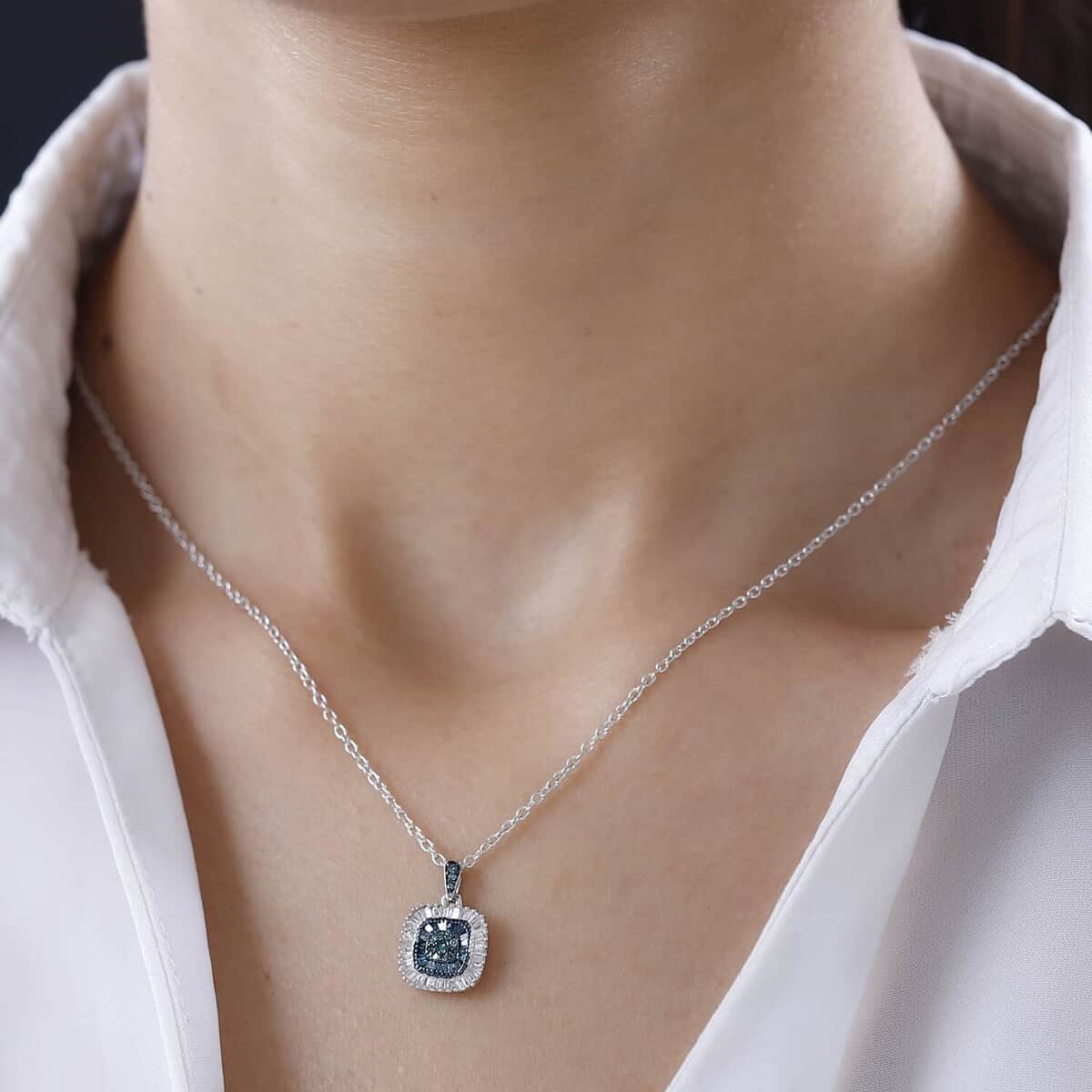 Blue Diamond Cluster Pendant Necklace, White Diamond Accent Pendant Necklace, 20 Inch Pendant Necklace in Rhodium and Platinum Over Sterling Silver 0.50 ctw image number 2