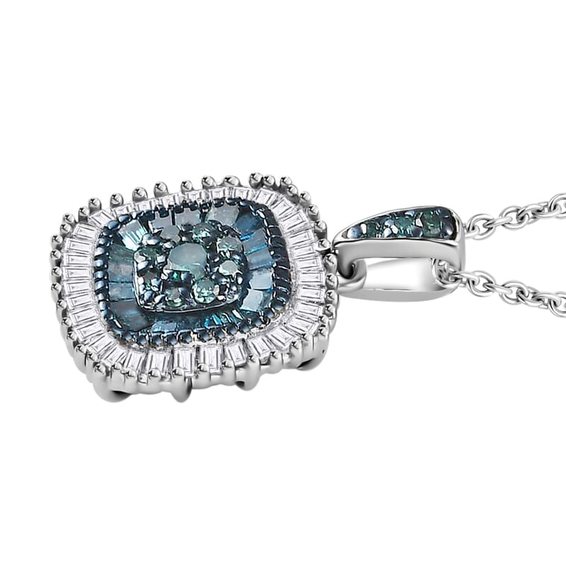 Blue Diamond Cluster Pendant Necklace, White Diamond Accent Pendant Necklace, 20 Inch Pendant Necklace in Rhodium and Platinum Over Sterling Silver 0.50 ctw
