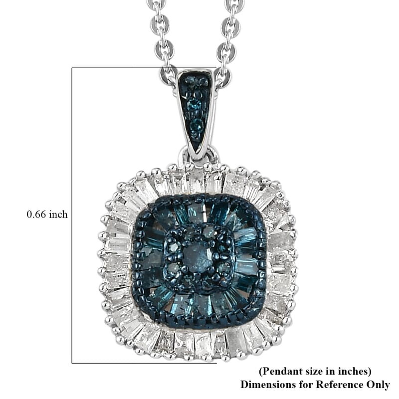 Blue Diamond Cluster Pendant Necklace, White Diamond Accent Pendant Necklace, 20 Inch Pendant Necklace in Rhodium and Platinum Over Sterling Silver 0.50 ctw