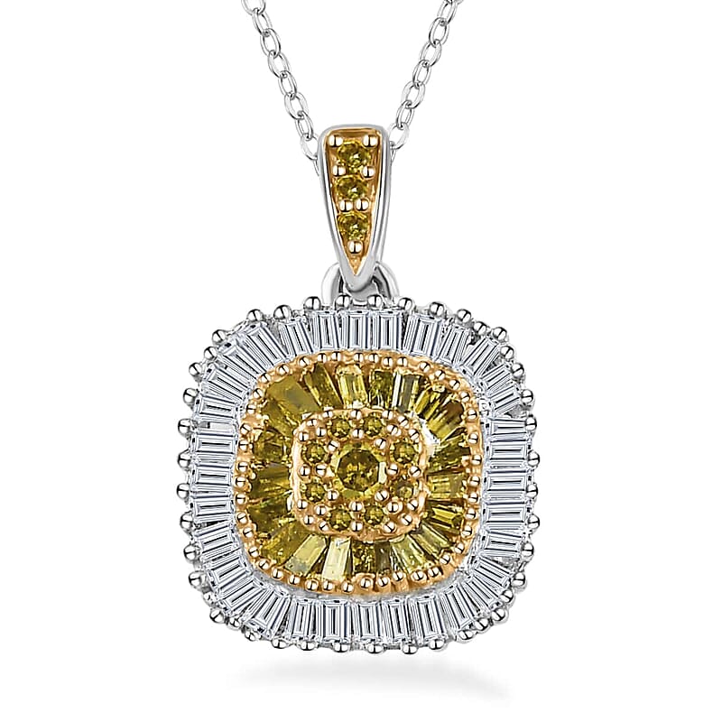 Yellow Diamond Cluster Pendant Necklace, White Diamond Accent Pendant Necklace, 20 Inch Pendant Necklace in Rhodium and Platinum Over Sterling Silver 0.50 ctw