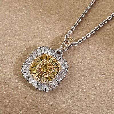 Yellow Diamond Cluster Pendant Necklace, White Diamond Accent Pendant Necklace, 20 Inch Pendant Necklace in Rhodium and Platinum Over Sterling Silver 0.50 ctw