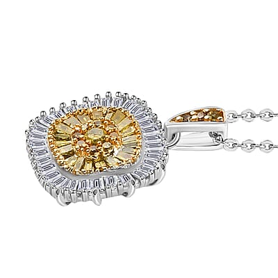 Yellow Diamond Cluster Pendant Necklace, White Diamond Accent Pendant Necklace, 20 Inch Pendant Necklace in Rhodium and Platinum Over Sterling Silver 0.50 ctw