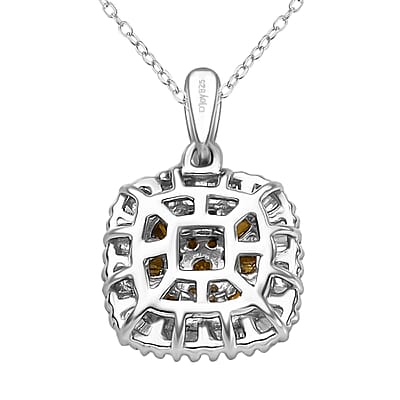 Yellow Diamond Cluster Pendant Necklace, White Diamond Accent Pendant Necklace, 20 Inch Pendant Necklace in Rhodium and Platinum Over Sterling Silver 0.50 ctw