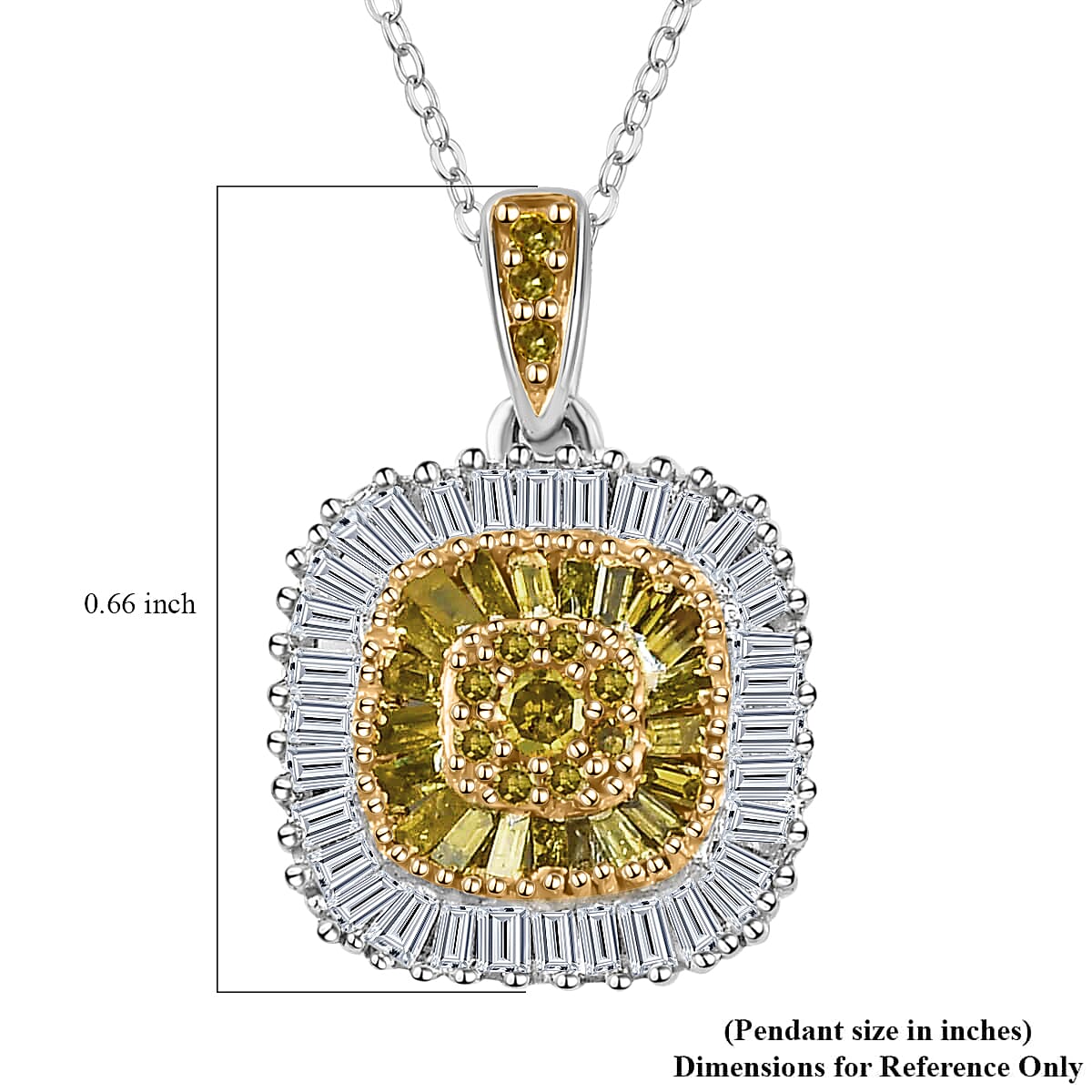Yellow Diamond Cluster Pendant Necklace, White Diamond Accent Pendant Necklace, 20 Inch Pendant Necklace in Rhodium and Platinum Over Sterling Silver 0.50 ctw