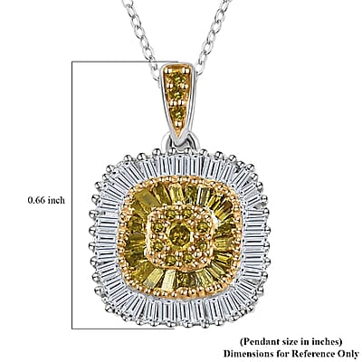 Yellow Diamond Cluster Pendant Necklace, White Diamond Accent Pendant Necklace, 20 Inch Pendant Necklace in Rhodium and Platinum Over Sterling Silver 0.50 ctw