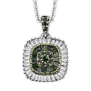Green Diamond Cluster Pendant Necklace, White Diamond Accent Pendant Necklace, 20 Inch Pendant Necklace in Rhodium and Platinum Over Sterling Silver 0.50 ctw
