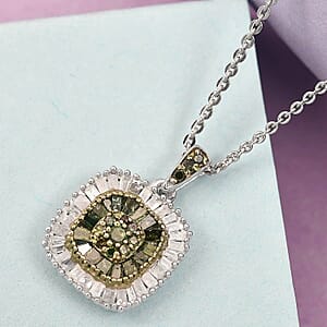 Green Diamond Cluster Pendant Necklace, White Diamond Accent Pendant Necklace, 20 Inch Pendant Necklace in Rhodium and Platinum Over Sterling Silver 0.50 ctw