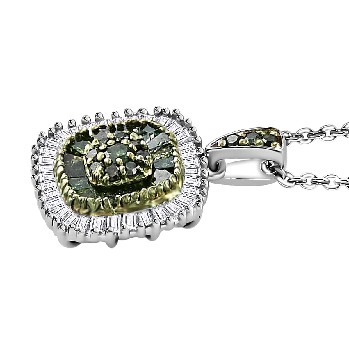 Green Diamond Cluster Pendant Necklace, White Diamond Accent Pendant Necklace, 20 Inch Pendant Necklace in Rhodium and Platinum Over Sterling Silver 0.50 ctw image number 3