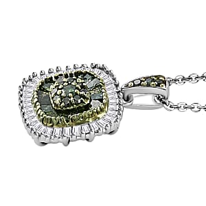 Green Diamond Cluster Pendant Necklace, White Diamond Accent Pendant Necklace, 20 Inch Pendant Necklace in Rhodium and Platinum Over Sterling Silver 0.50 ctw