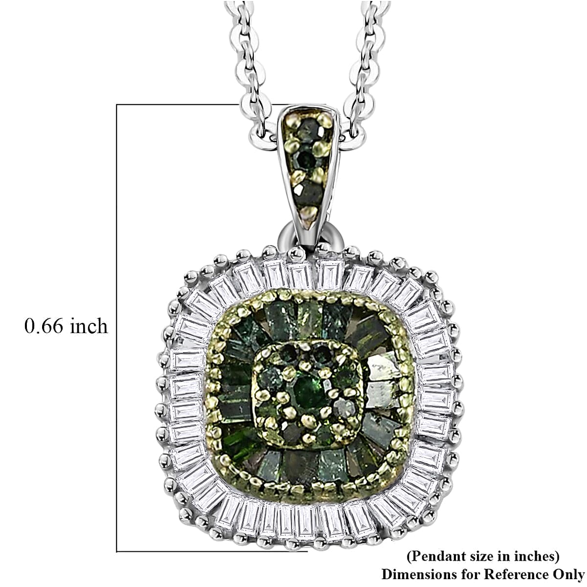 Green Diamond Cluster Pendant Necklace, White Diamond Accent Pendant Necklace, 20 Inch Pendant Necklace in Rhodium and Platinum Over Sterling Silver 0.50 ctw image number 6