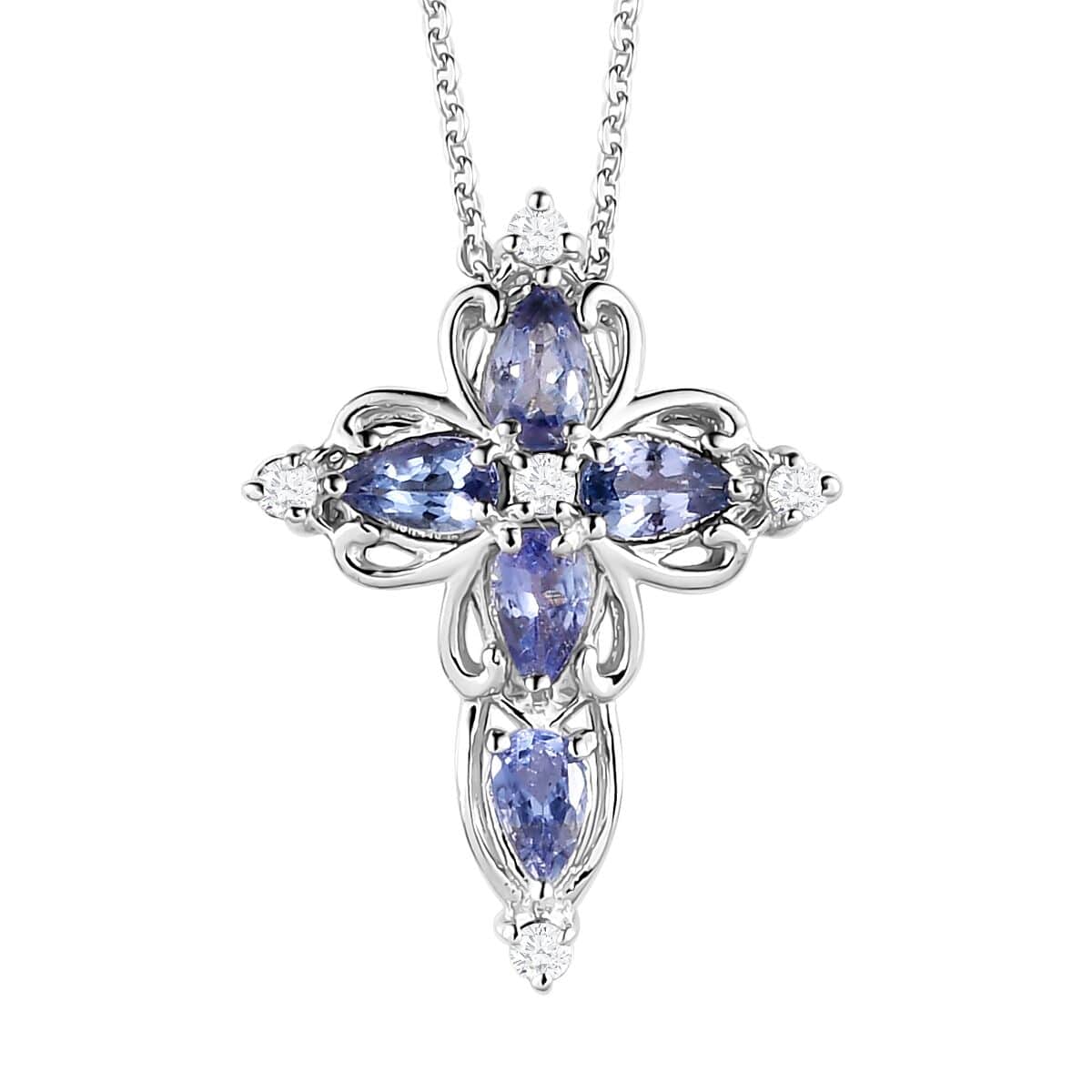 Tanzanite and White Zircon Cross Pendant Necklace 20 Inches in Platinum Over Sterling Silver 1.10 ctw image number 0
