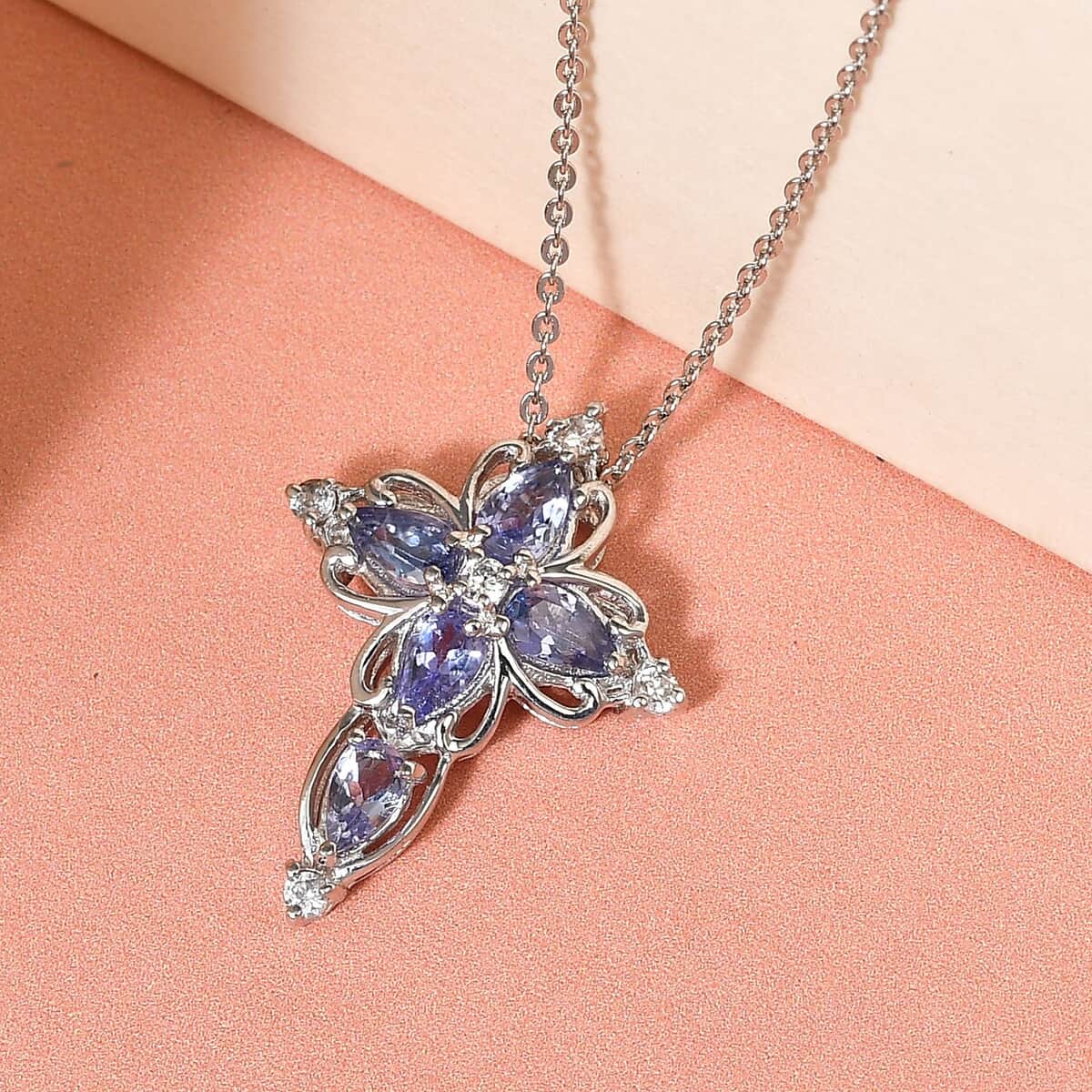 Tanzanite and White Zircon Cross Pendant Necklace 20 Inches in Platinum Over Sterling Silver 1.10 ctw image number 1