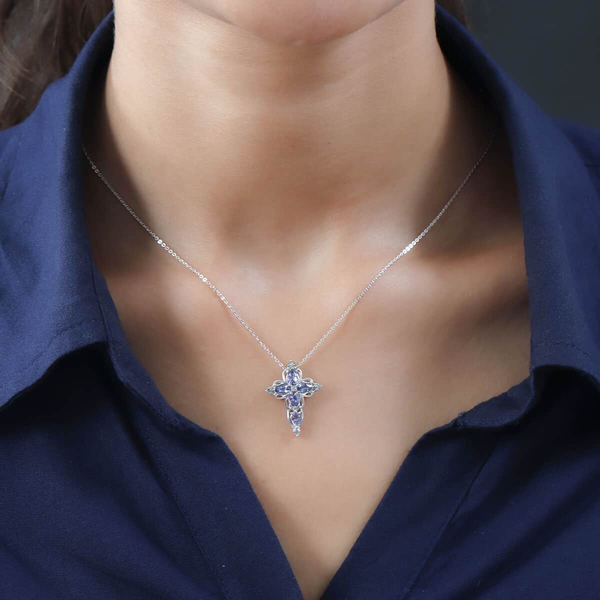 Tanzanite and White Zircon Cross Pendant Necklace 20 Inches in Platinum Over Sterling Silver 1.10 ctw image number 2