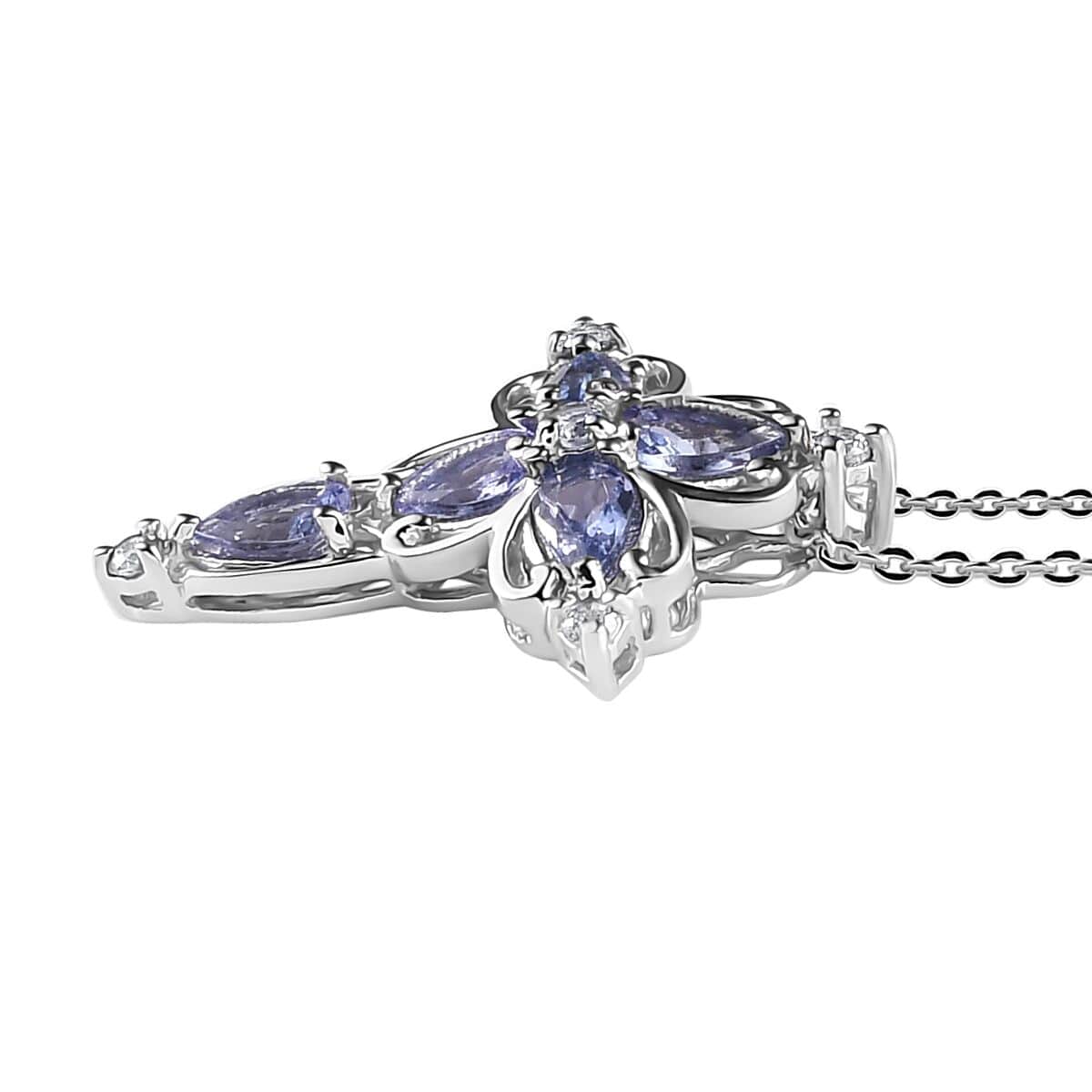 Tanzanite and White Zircon Cross Pendant Necklace 20 Inches in Platinum Over Sterling Silver 1.10 ctw image number 3