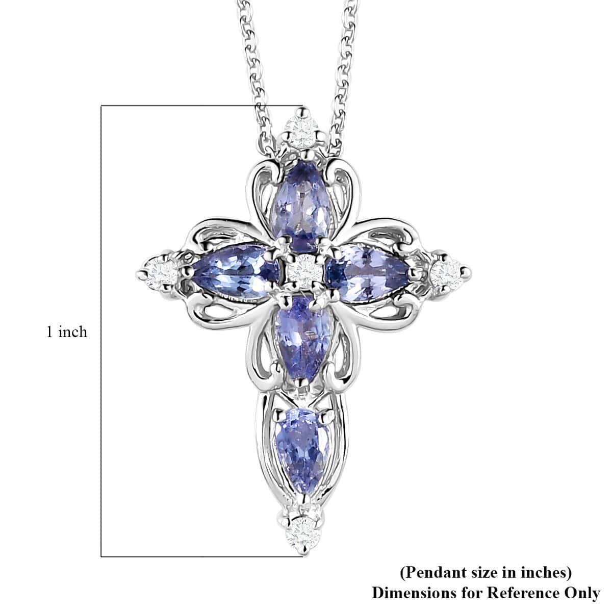 Tanzanite and White Zircon Cross Pendant Necklace 20 Inches in Platinum Over Sterling Silver 1.10 ctw image number 6