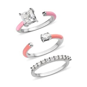 Set of 3 Moissanite, Enameled Stackable Pink Enameled Ring in Platinum Over Sterling Silver