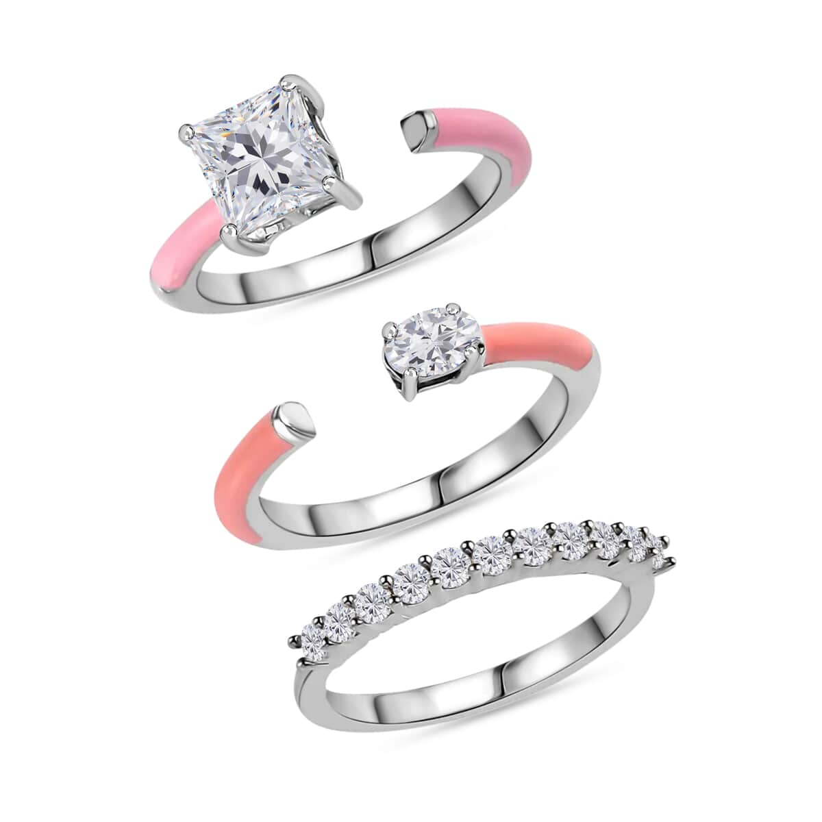 Set of 3 Moissanite, Enameled Stackable Pink Enameled Ring in Platinum Over Sterling Silver image number 0