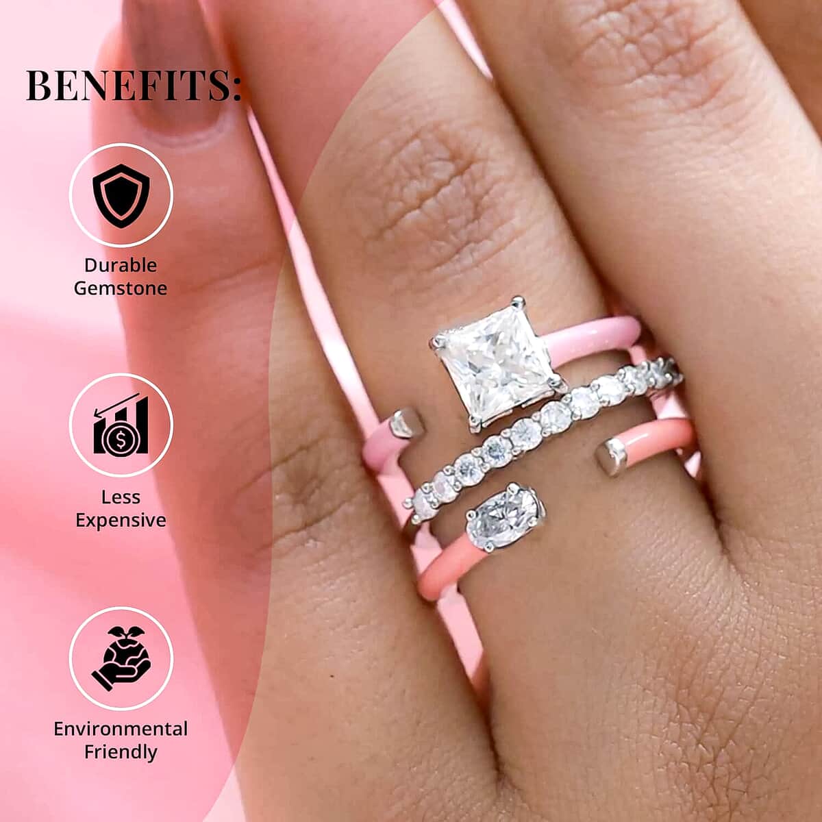 Set of 3 Moissanite, Enameled Stackable Pink Enameled Ring in Platinum Over Sterling Silver image number 3