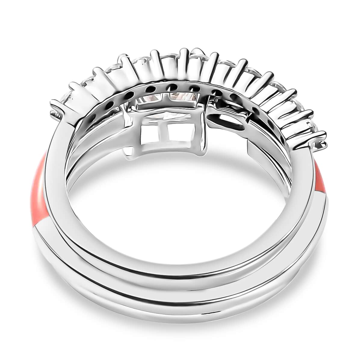 Set of 3 Moissanite, Enameled Stackable Pink Enameled Ring in Platinum Over Sterling Silver image number 5
